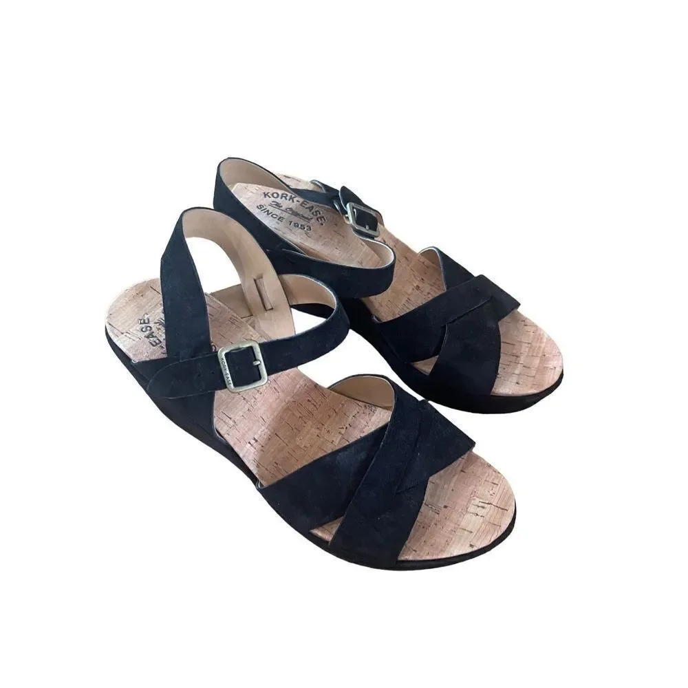 Kork Ease Since 1953 Womens Navy Blue Cork Wedge Slingback Heels Size 11